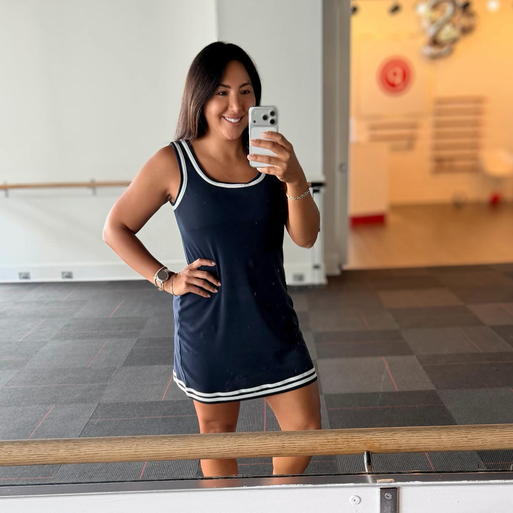 Dusty Blue Contrast Trim U-Neck Sleeveless Mini Dress