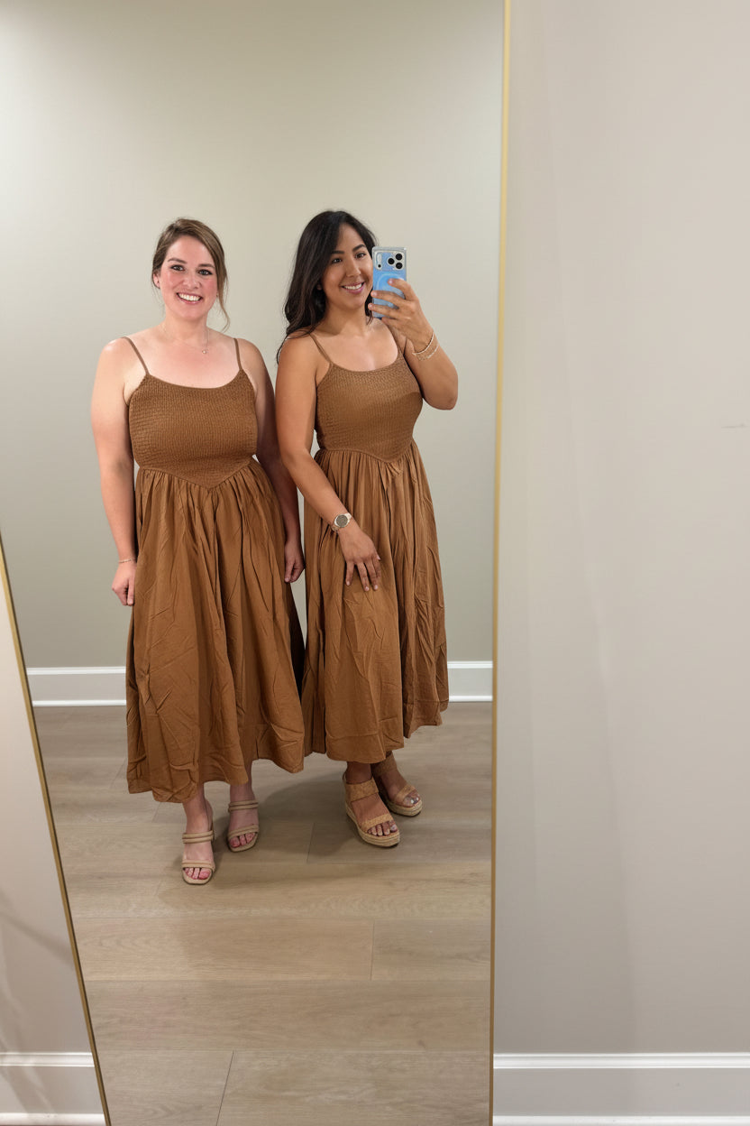 Brown Smocked Waist Midi Dress