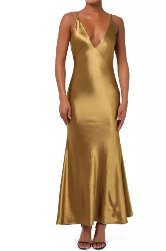 Lulus Gold Satin Maxi Dress Gala, Ball, Prom