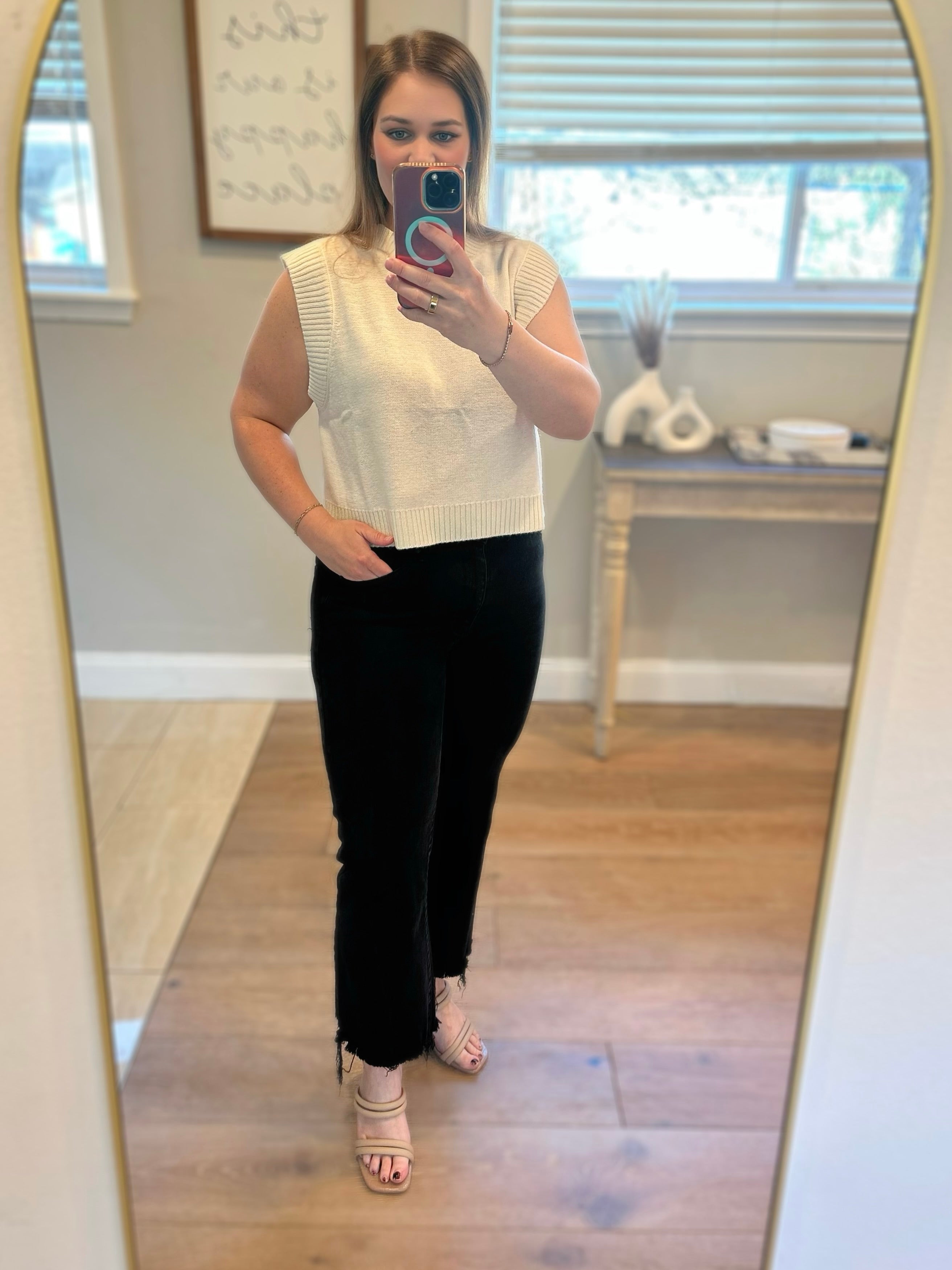 Cream Soft Knit Open-Back Vest with Ribbed Edge Detail