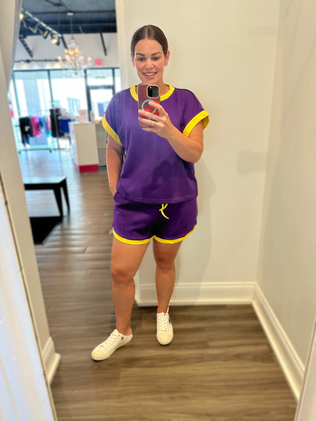 Sewn and Seen Purple and Gold Scuba Contrast Trim Two-Piece Game Day Set