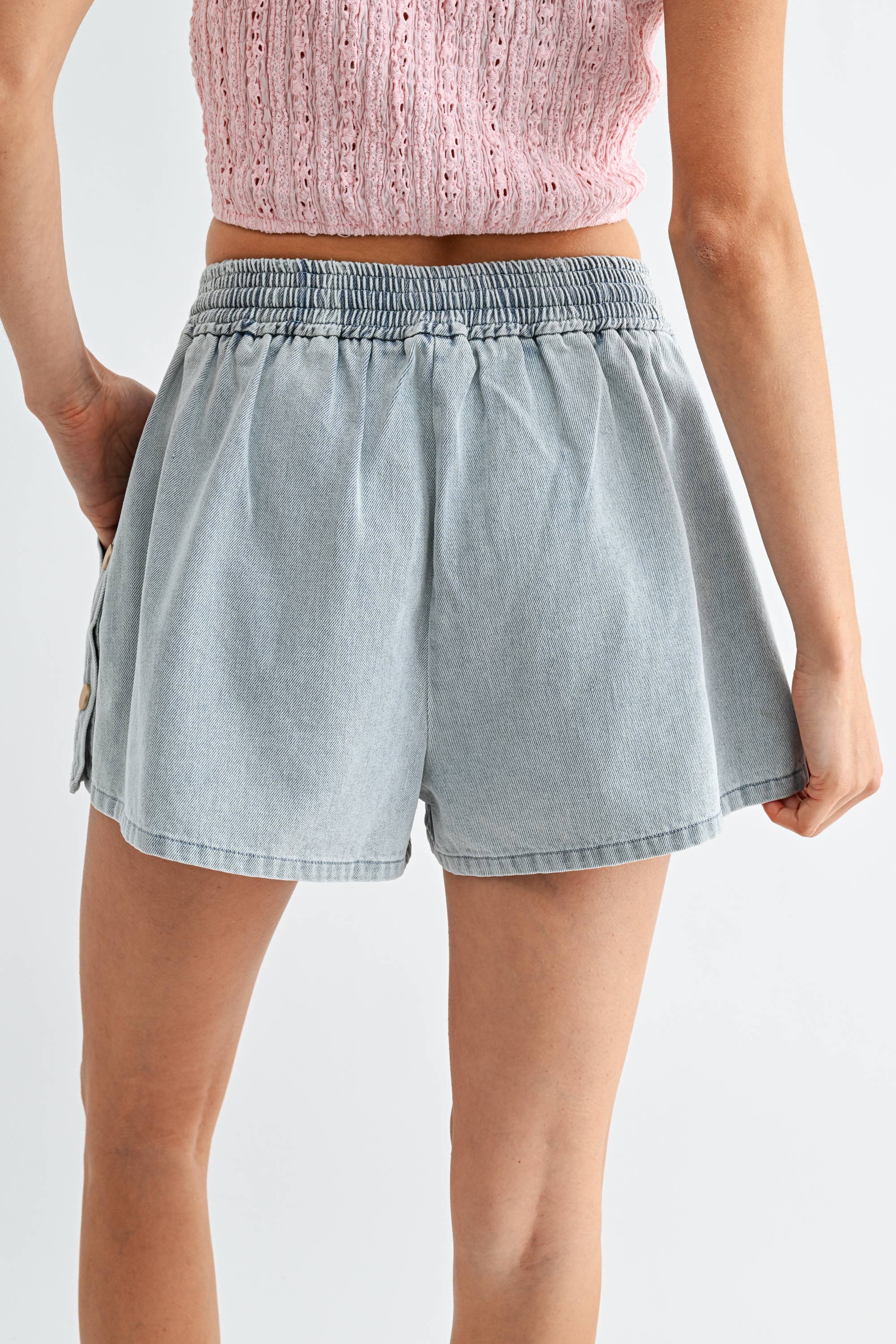 Camellia Washed Denim Drawstring Shorts | Side Button Detail Casual Summer Shorts