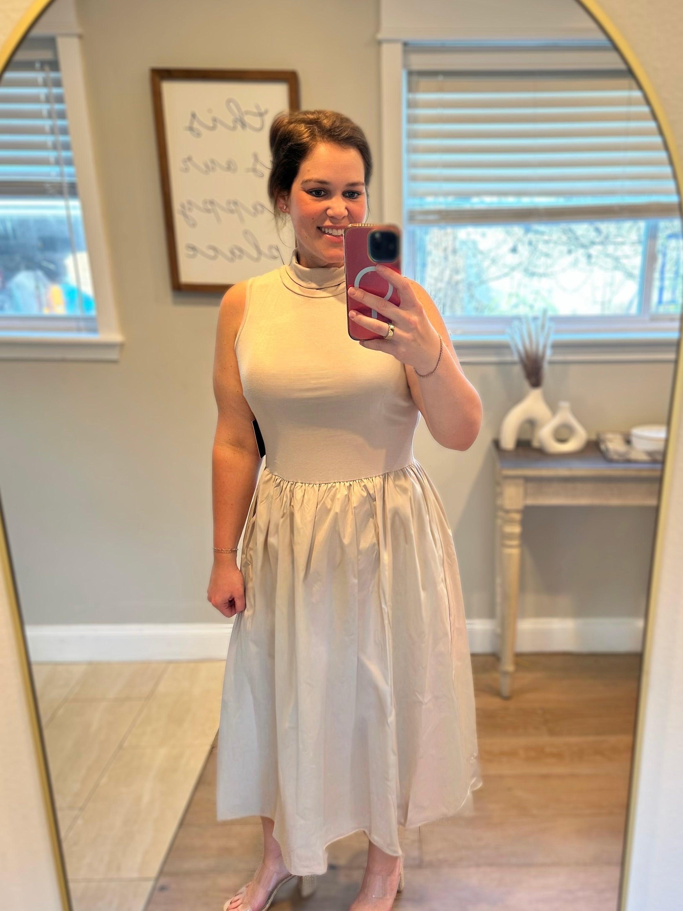 Tan Sleeveless Mock Neck Midi Dress