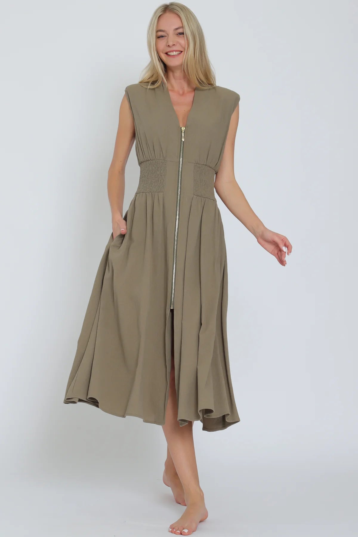 Aakaa Olive Waistband Midi Dress