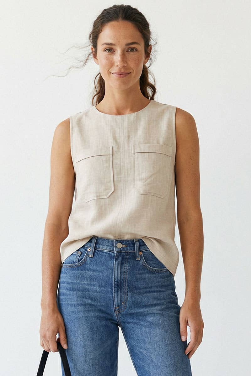 Naked Zebra | Women’s Linen Blend Sleeveless Top with Back Zipper Detail - Off White