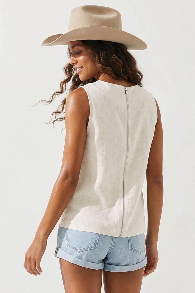 Off White Linen Blend Sleeveless Top with Back Zipper