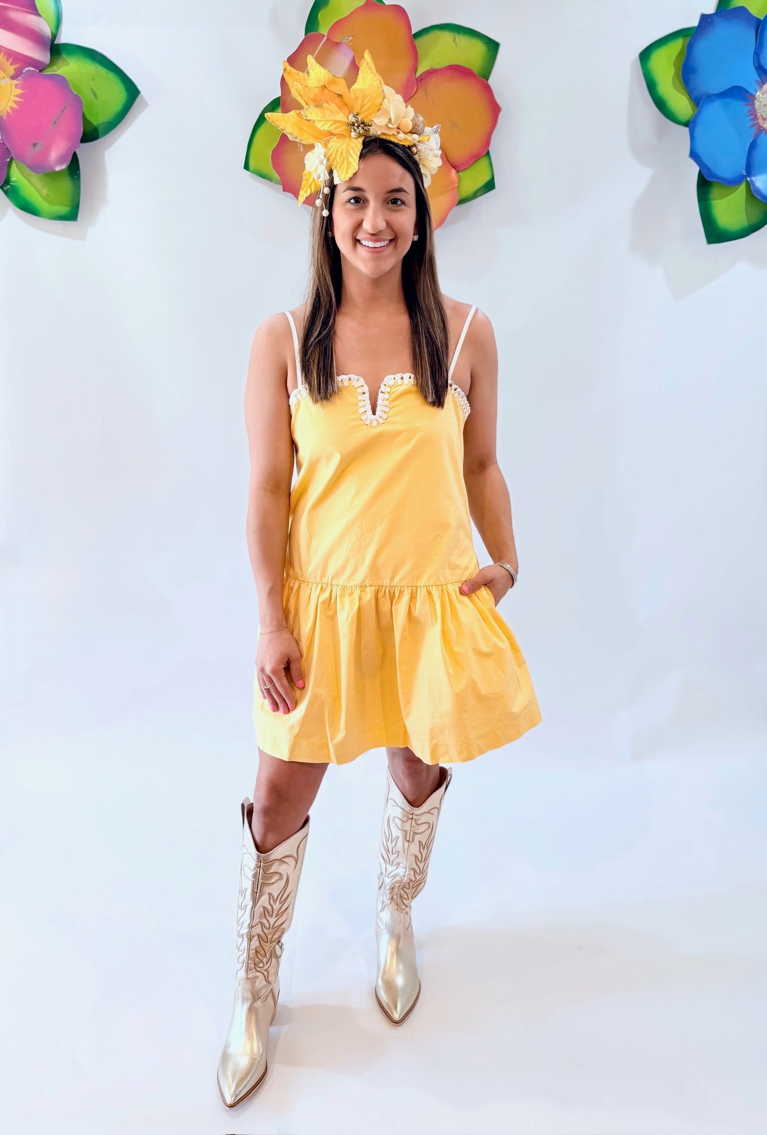 Yellow Drop Waist Dress with Contrast Knot Detail