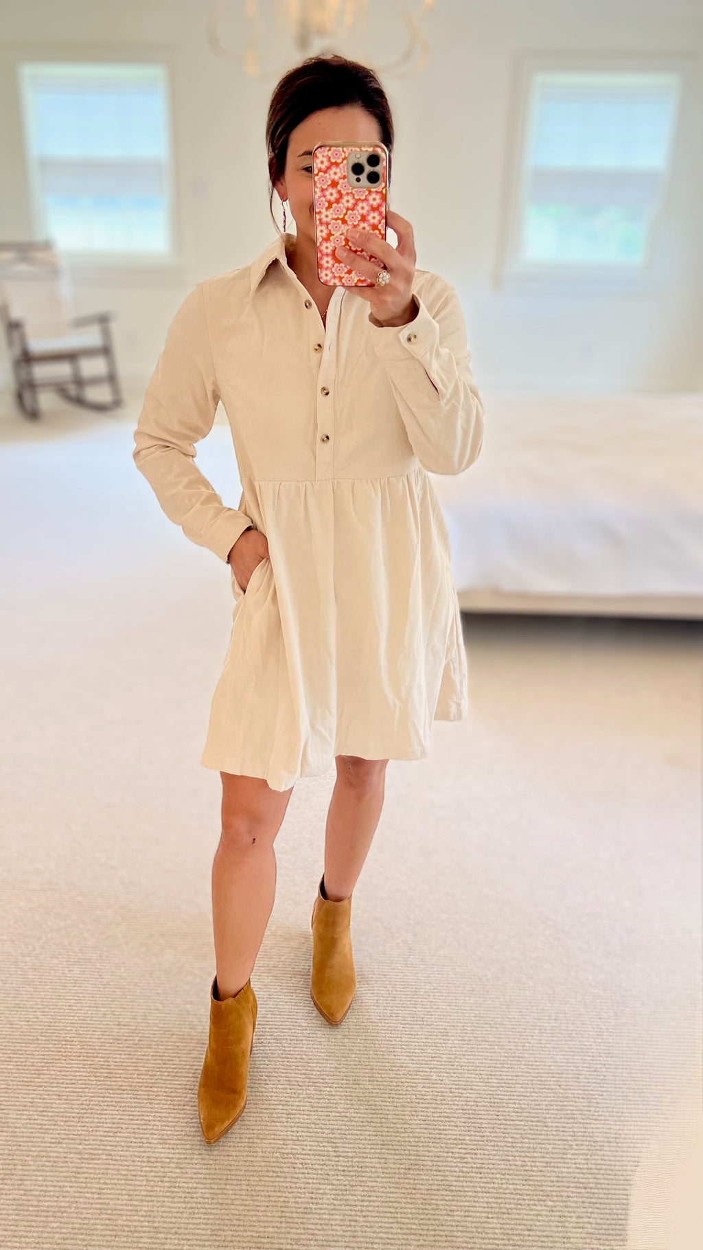 Oatmeal Corduroy Button Mini Dress