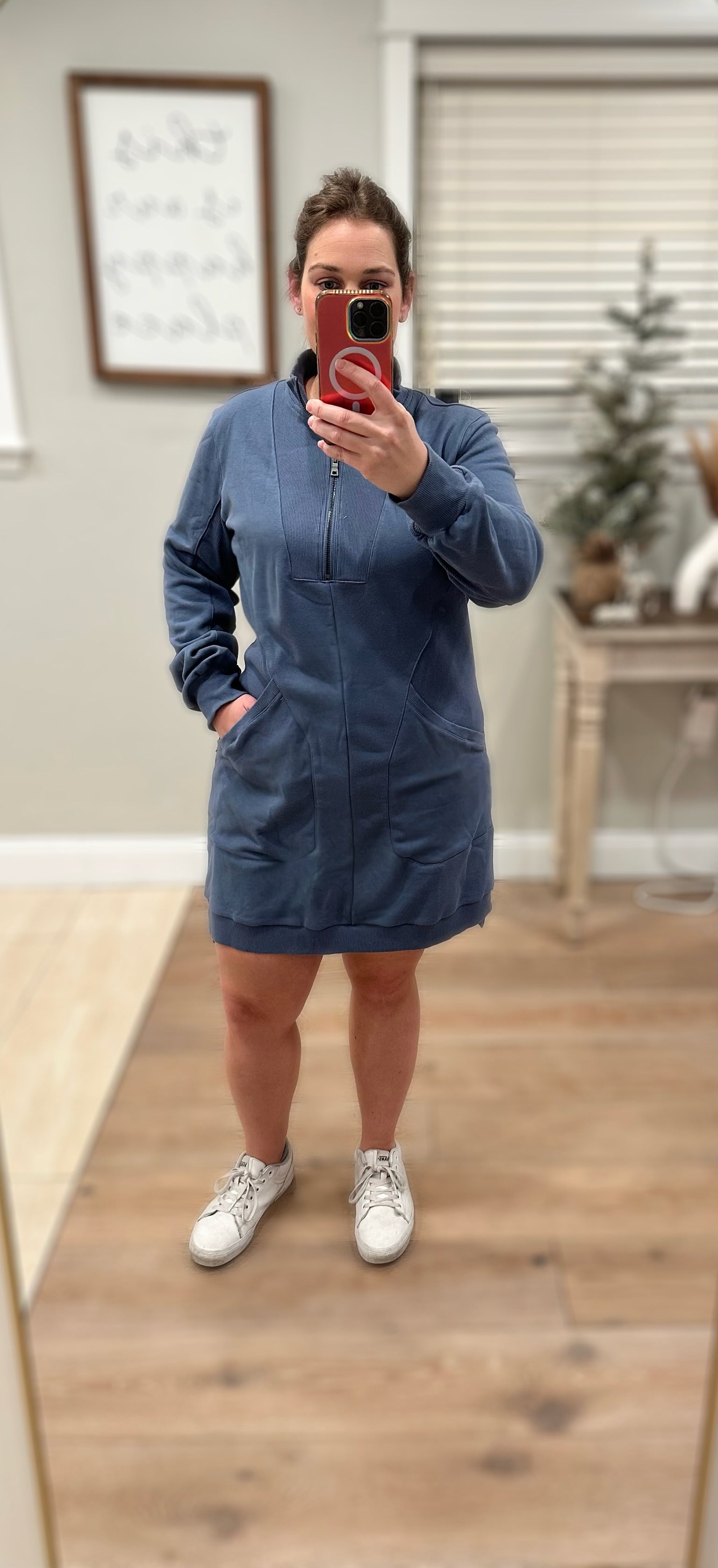 Slate Blue Zip-Up Sweatshirt Dress