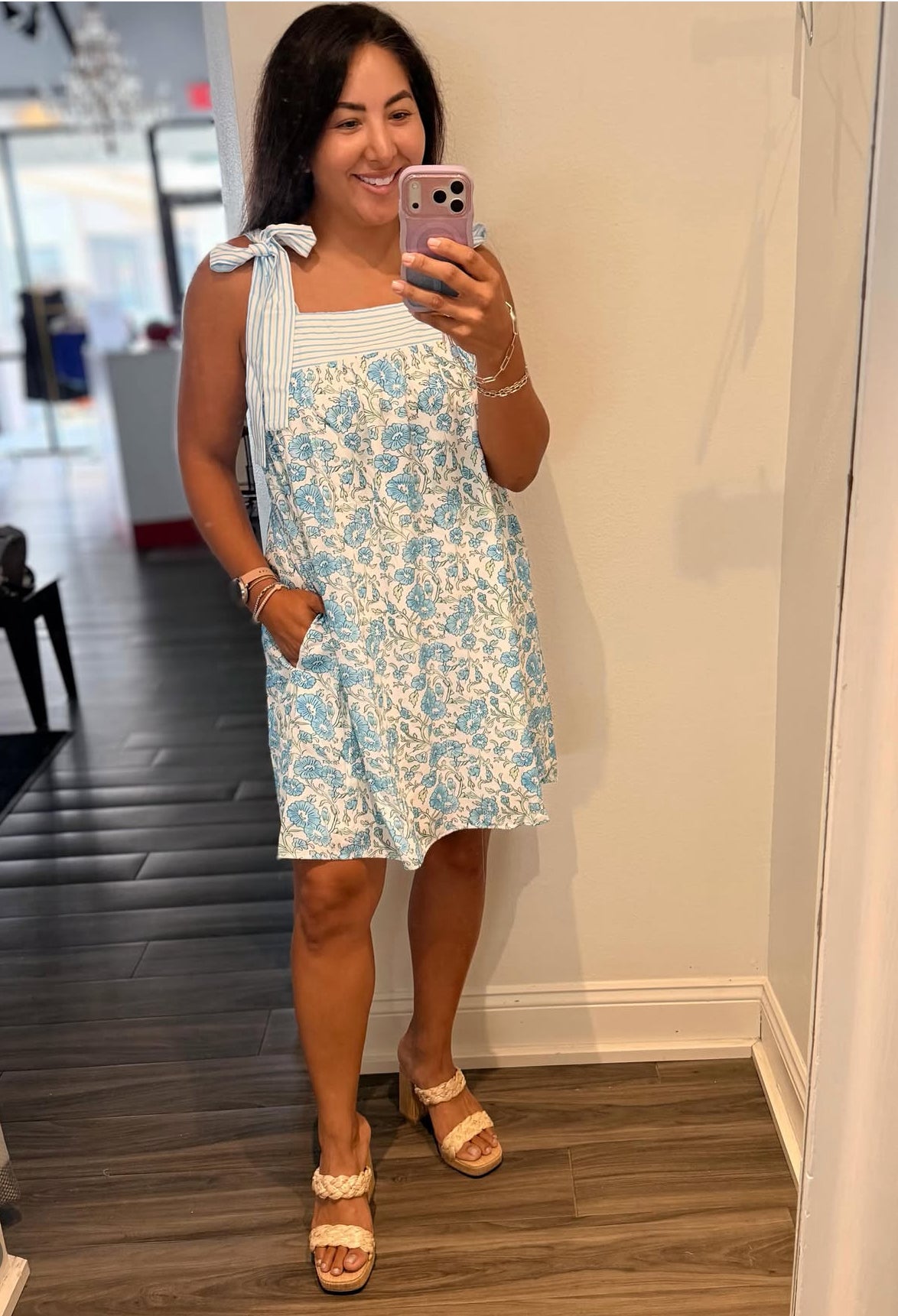 Sky Blue Floral Print Striped Patchwork Bow Knot Straps Mini Dress
