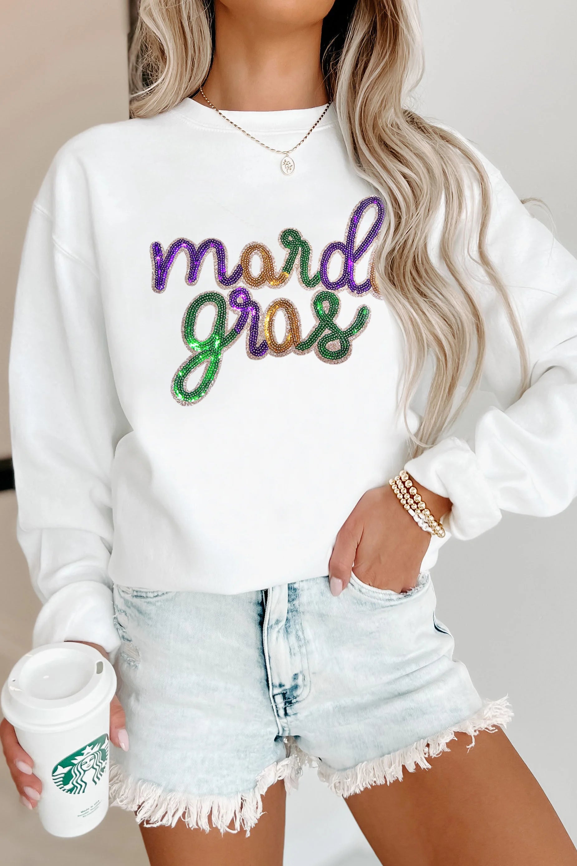 Sequined Mardi Gras Crew Neck Sweatshirt