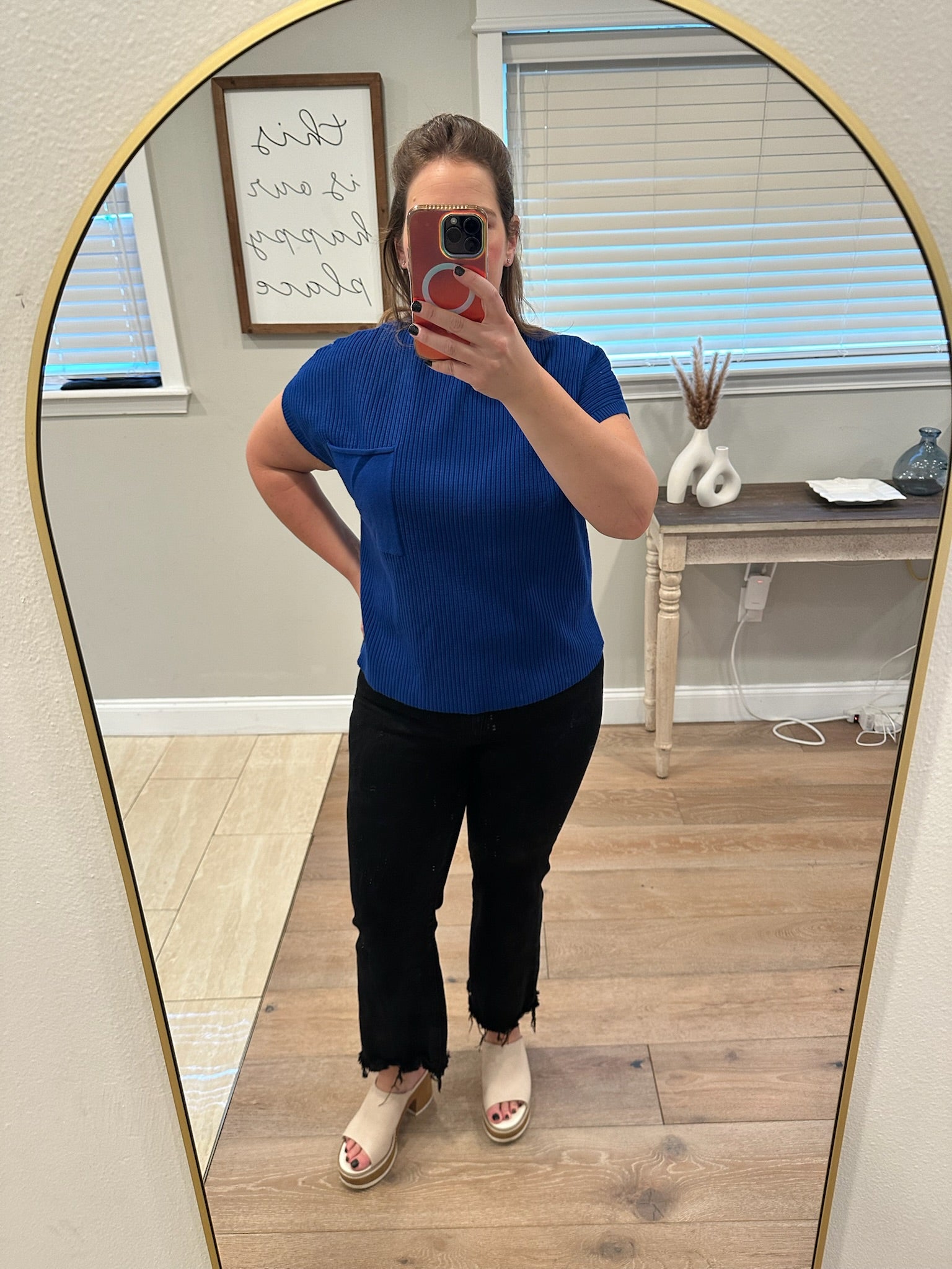 Royal Blue Ribbed Knit Short Sleeve Sweater | XL
