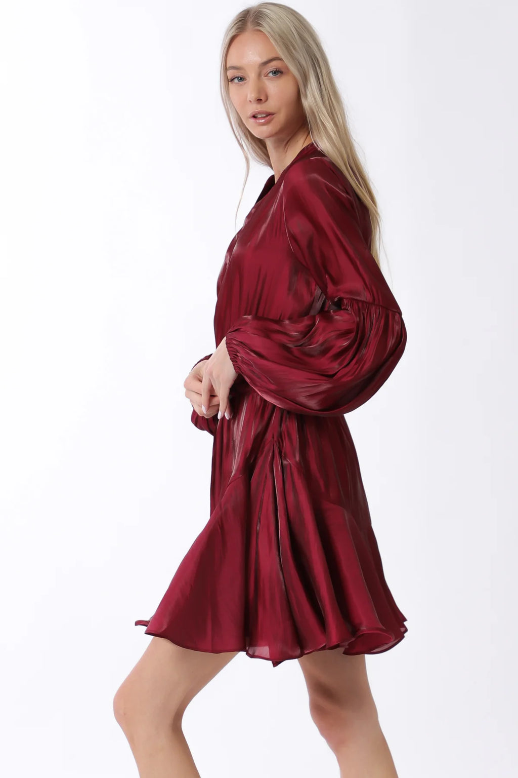 Aakaa Burgundy Long sleeve button down tie mini dress