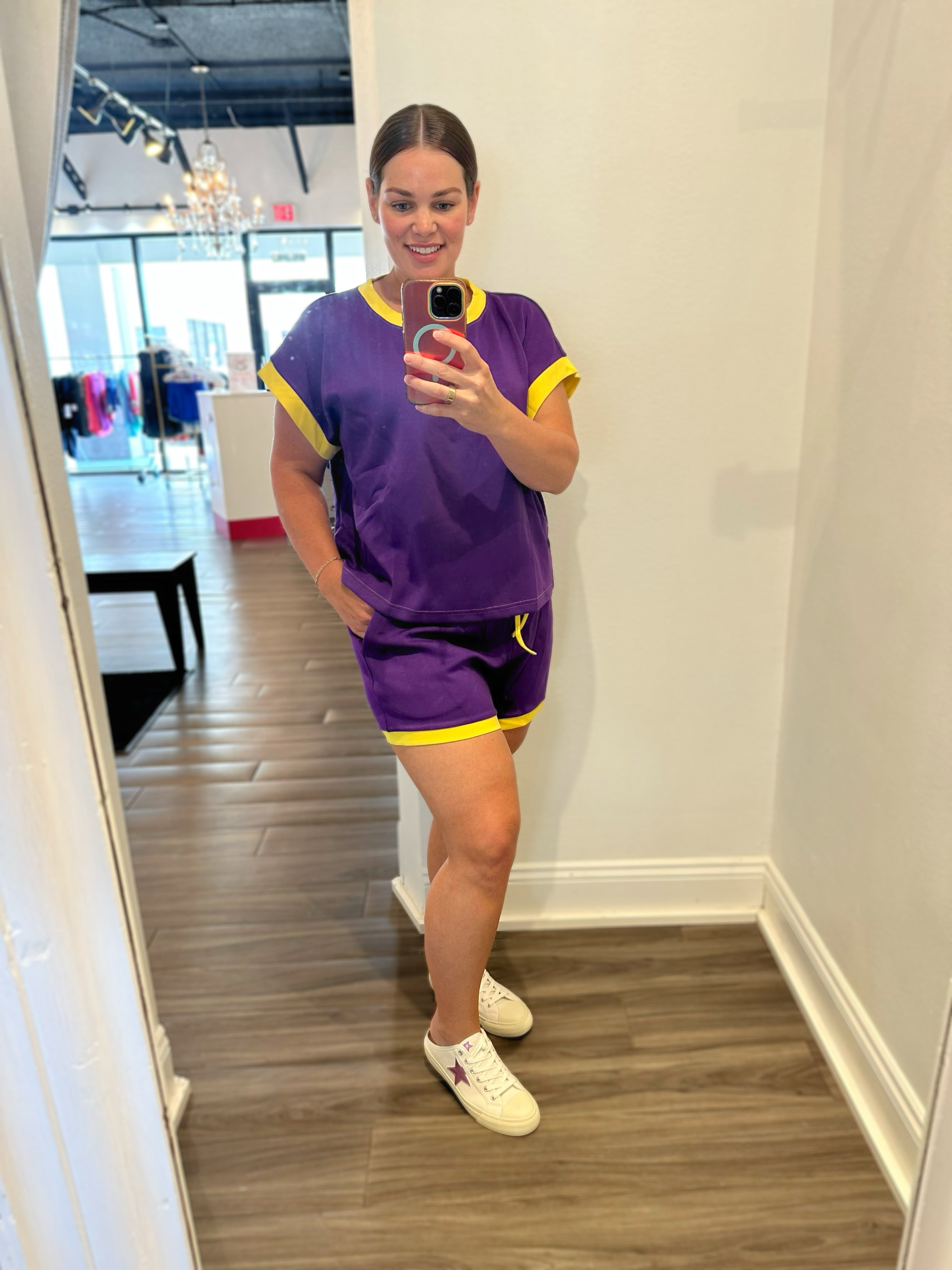 Sewn and Seen Purple and Gold Scuba Contrast Trim Two-Piece Game Day Set