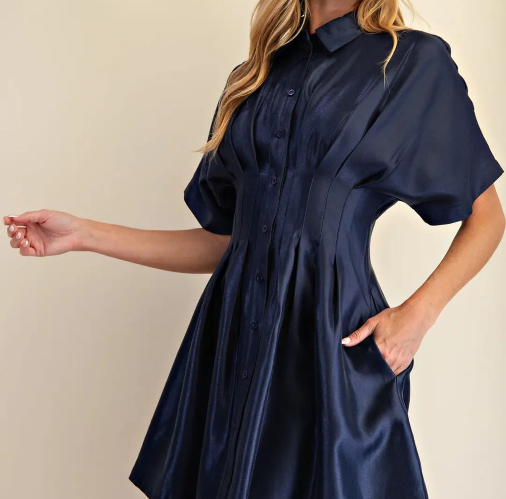 Glam Navy Button Down Pleated Mini Dress