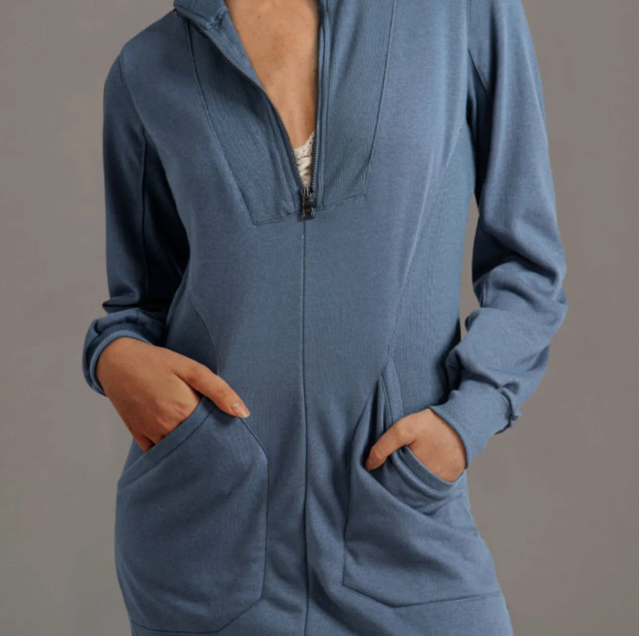 Slate Blue Zip-Up Sweatshirt Dress