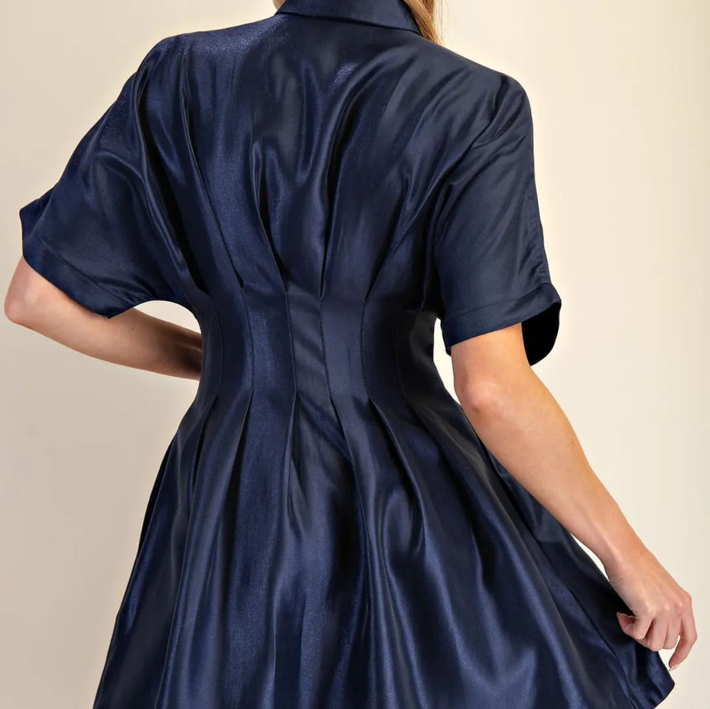 Glam Navy Button Down Pleated Mini Dress