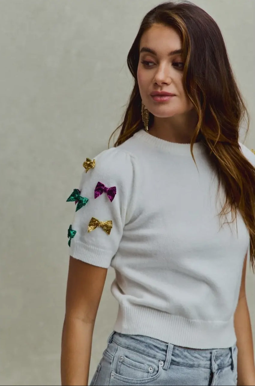 Mardi Gras Glitter Bow Puff Sleeve Top