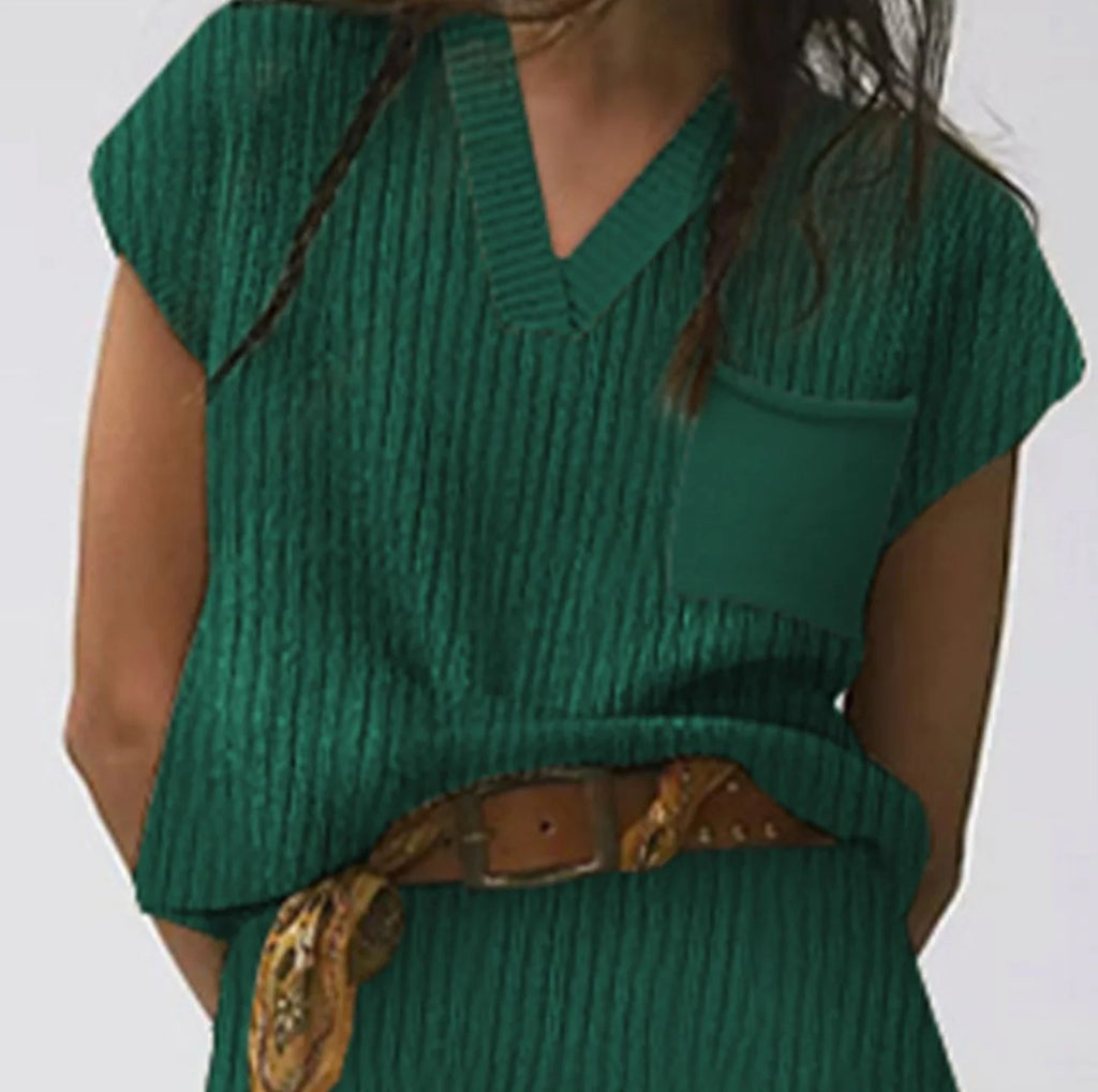 Green V-Neck Pocket Sweater Top | Large