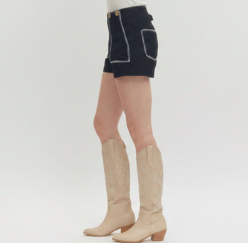 ENTRO | Black Contrast Stitch High Waist Shorts