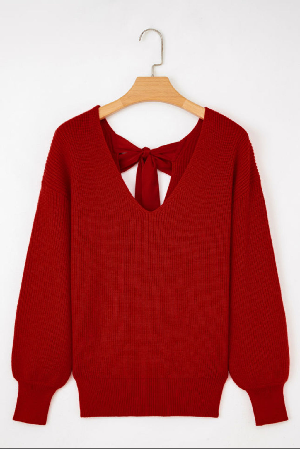 Red V Neck Top with Knotted Back