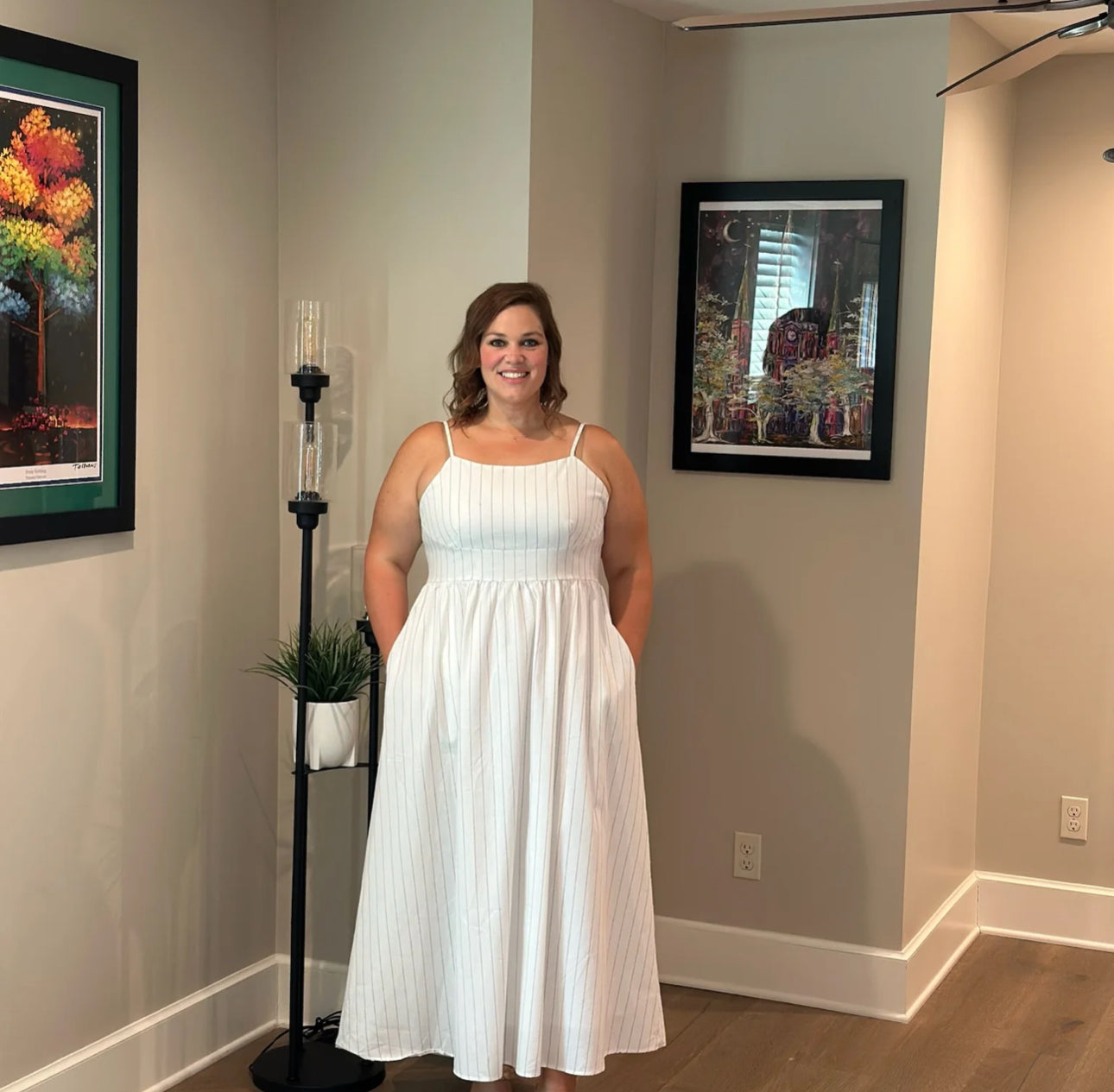 Spaghetti Strap High Waisted Maxi Dress | Beige Stripe