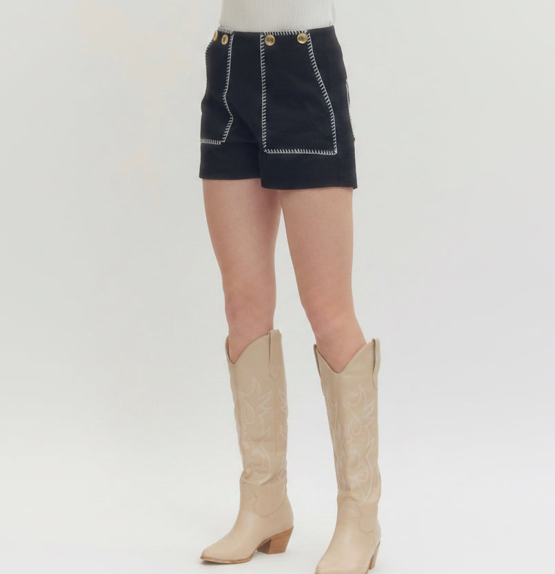 ENTRO | Black Contrast Stitch High Waist Shorts
