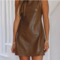 Brown Leather Sleeveless Mini Dress