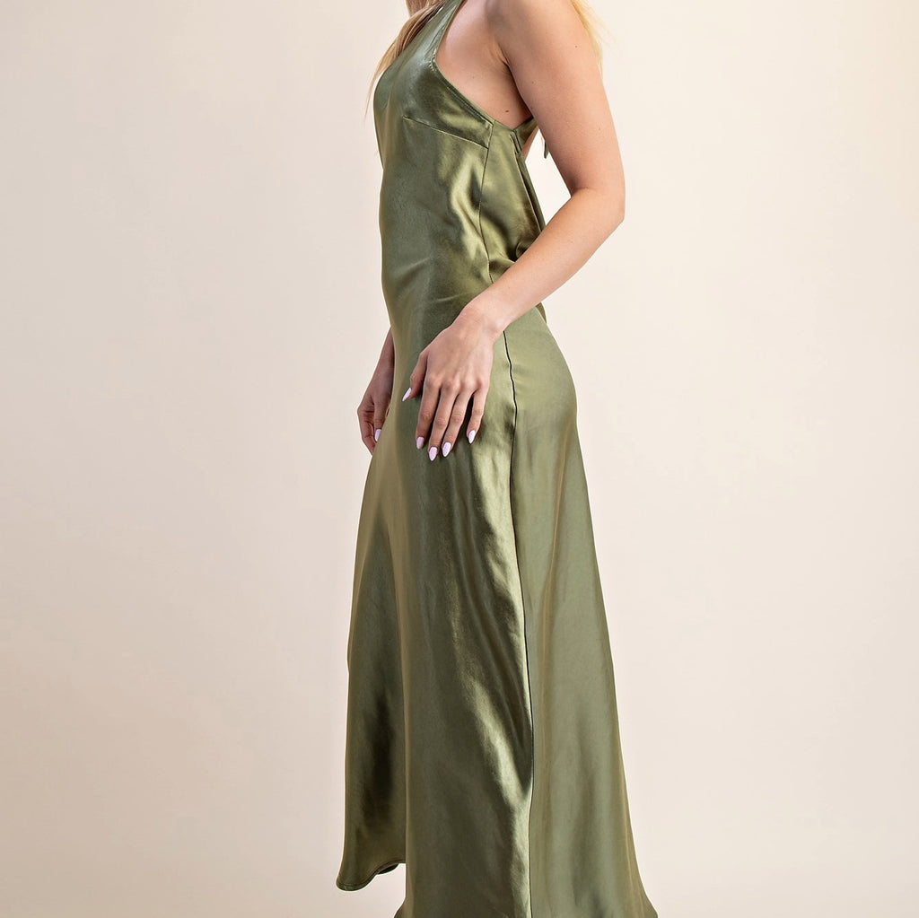 Glam Olive Halter Neck Open Back Dress