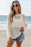 White Hollow Knit Swim Cover-Up | Drop Shoulder Sweater