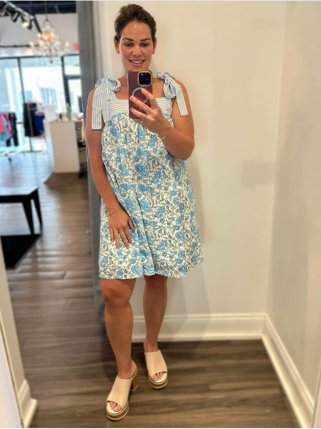 Sky Blue Floral Print Striped Patchwork Bow Knot Straps Mini Dress