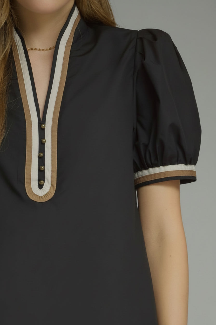 ENTRO | Black Contrast Trim Puff Sleeve Top