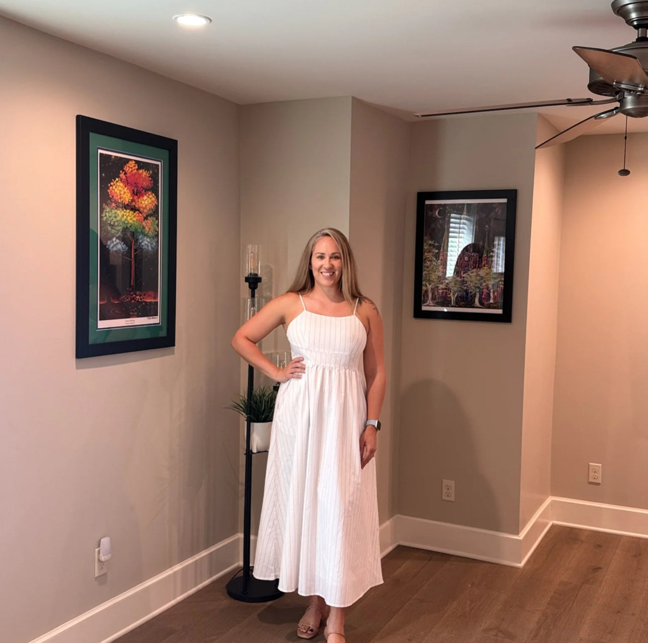 Spaghetti Strap High Waisted Maxi Dress | Beige Stripe