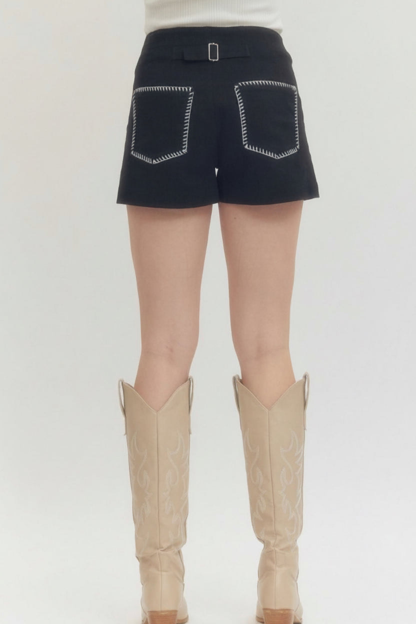 ENTRO | Black Contrast Stitch High Waist Shorts