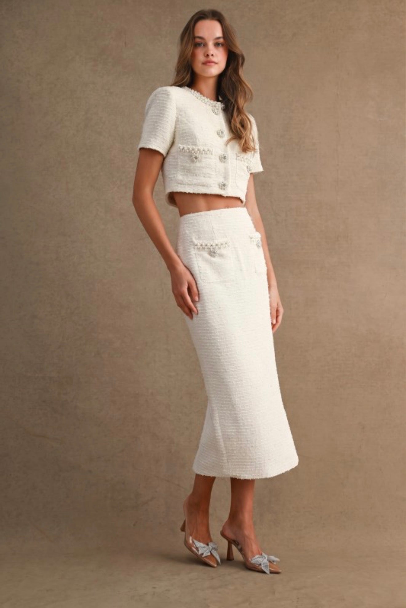 Mable | Cream Tweed Jewel Trim Jacket & Skirt Set | Women’s Two-Piece Suit