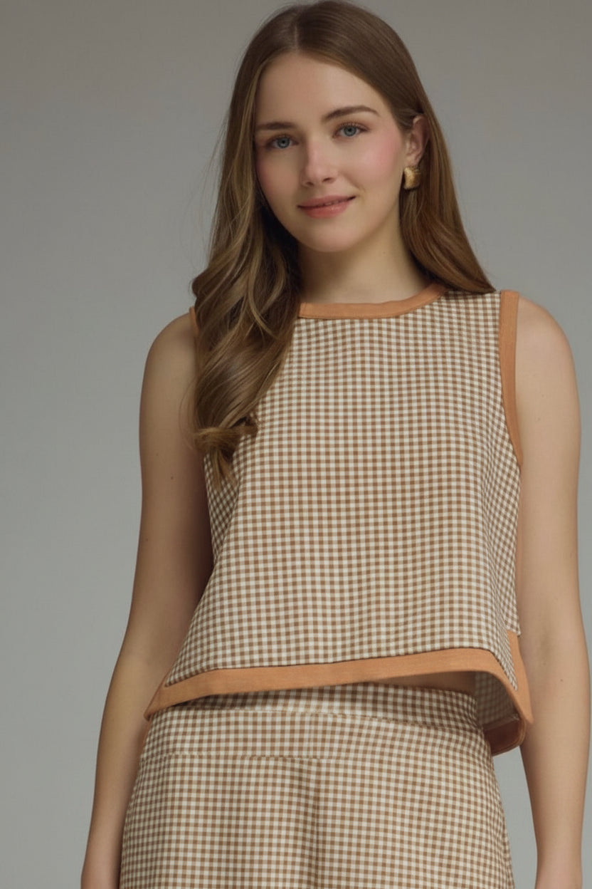 ENTRO | Camel Gingham Contrast Trim Sleeveless Top