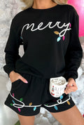 Merry Christmas Lights Black Lounge Set | Women’s Holiday Sweatshirt & Shorts Set