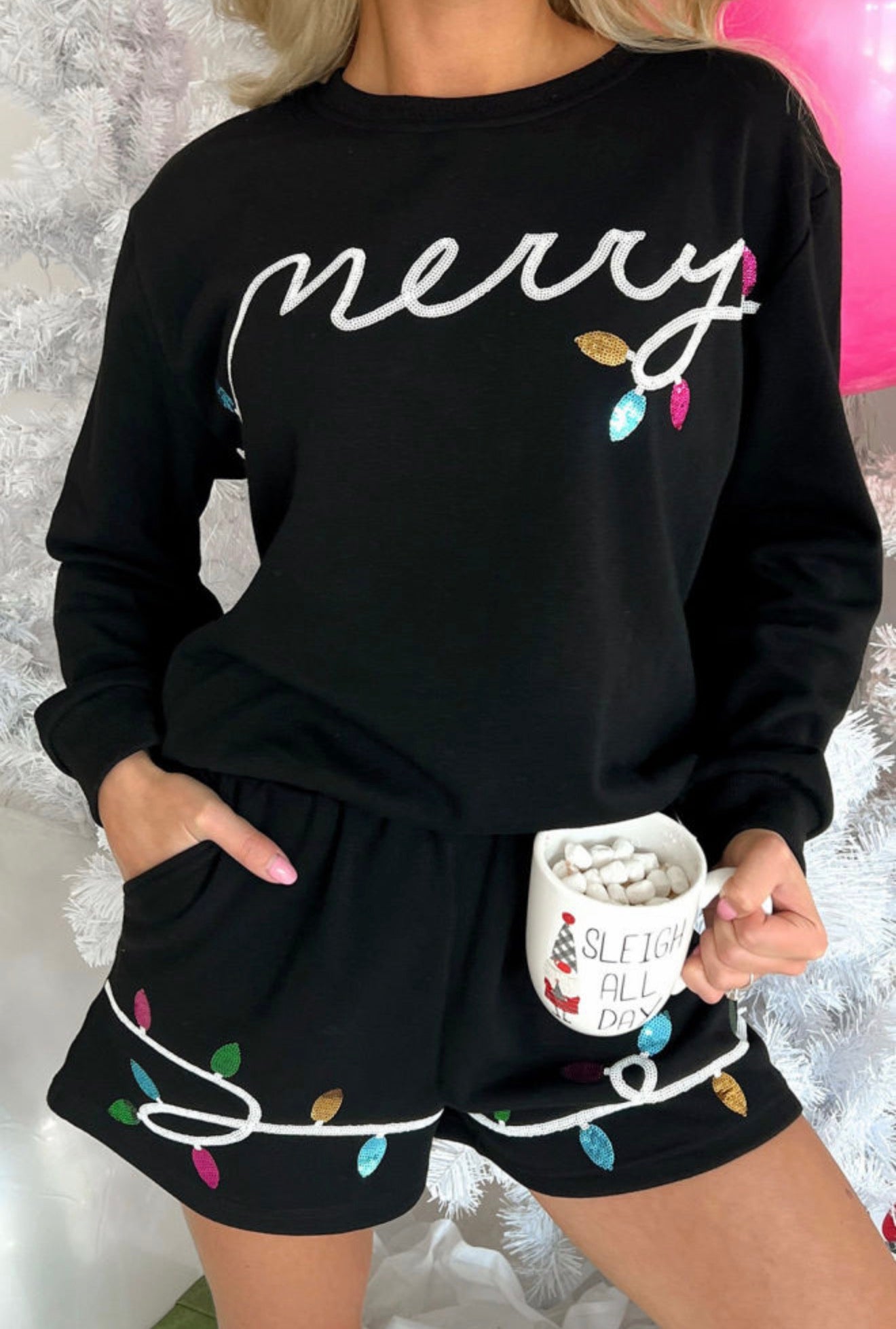 Merry Christmas Lights Black Lounge Set | Women’s Holiday Sweatshirt & Shorts Set