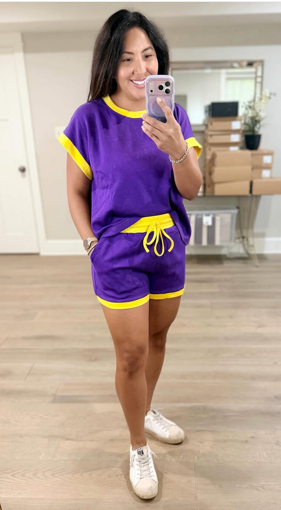 Sewn and Seen Purple and Gold Scuba Contrast Trim Two-Piece Game Day Set