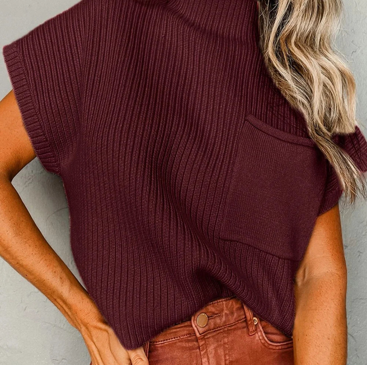 Maroon Ribbed knit Short Sleeve Sweater