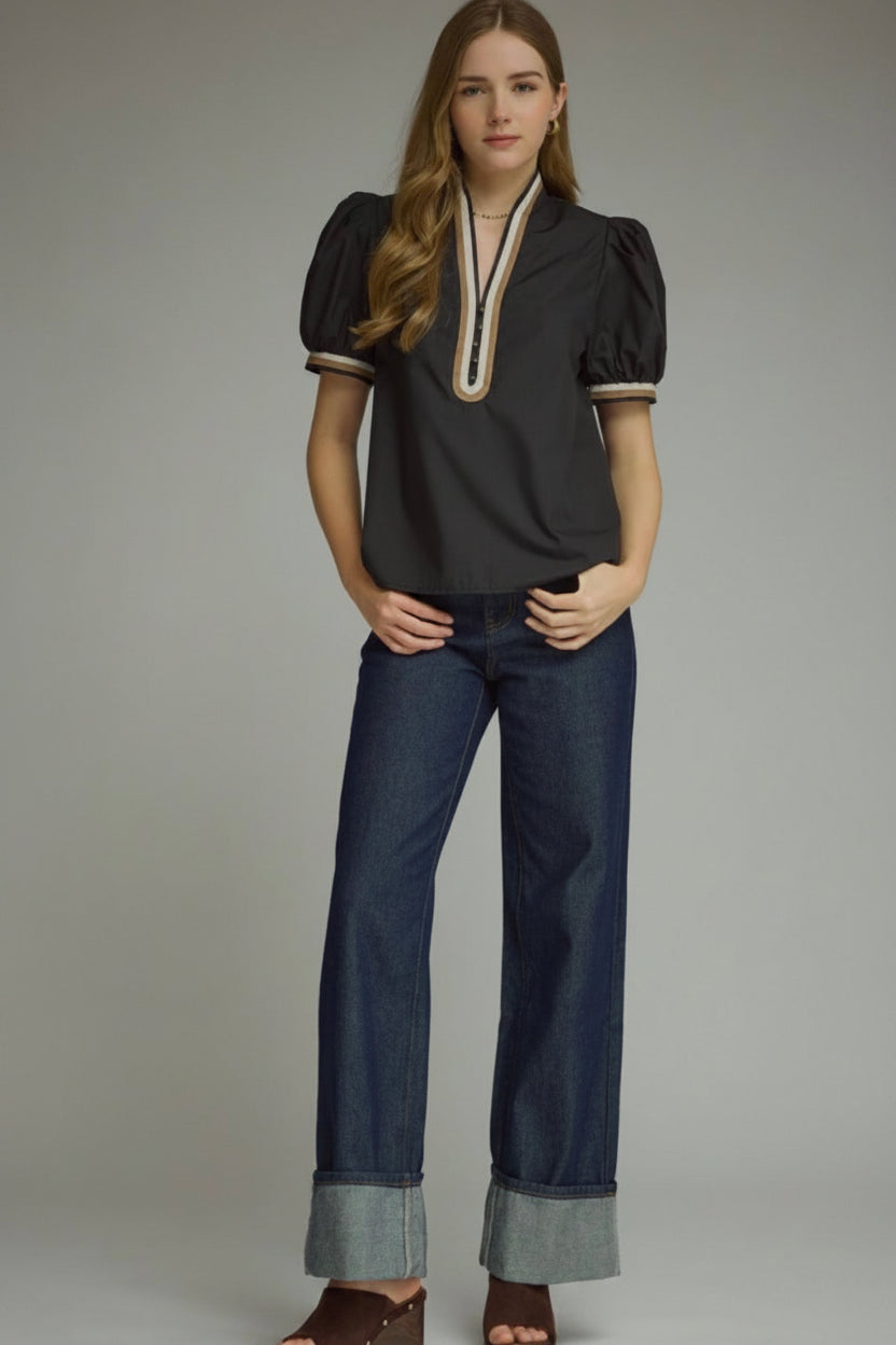 ENTRO | Black Contrast Trim Puff Sleeve Top