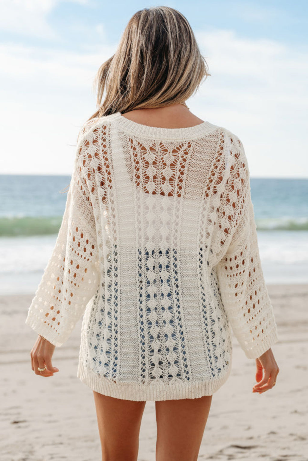 White Hollow Knit Swim Cover-Up | Drop Shoulder Sweater