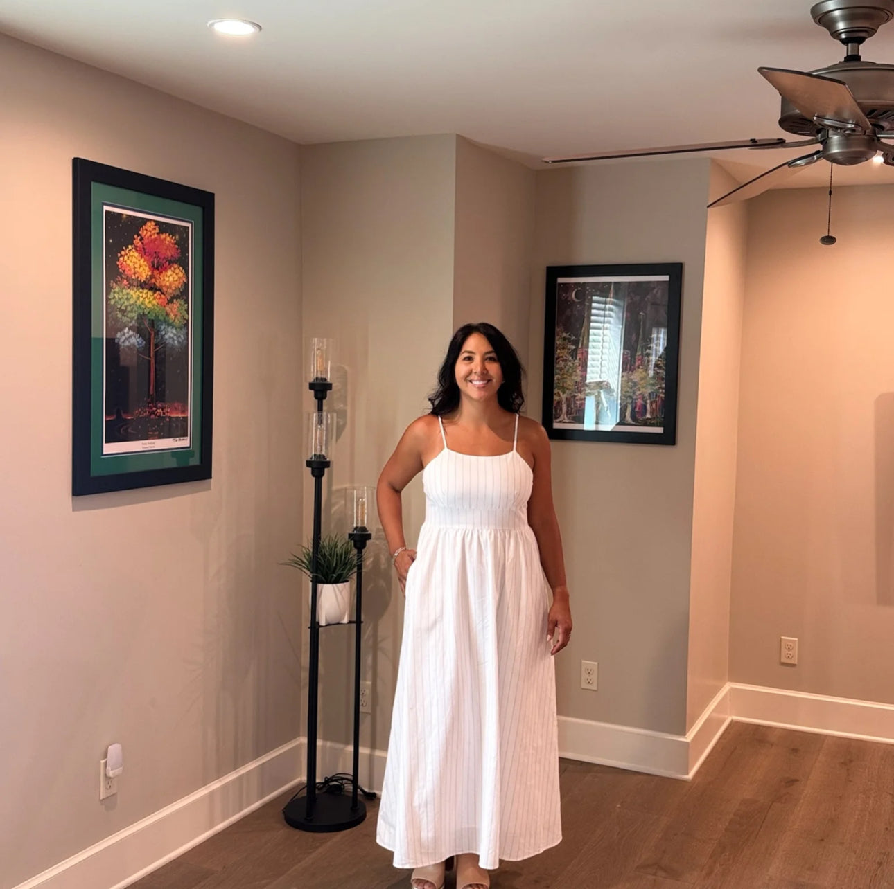 Spaghetti Strap High Waisted Maxi Dress | Beige Stripe