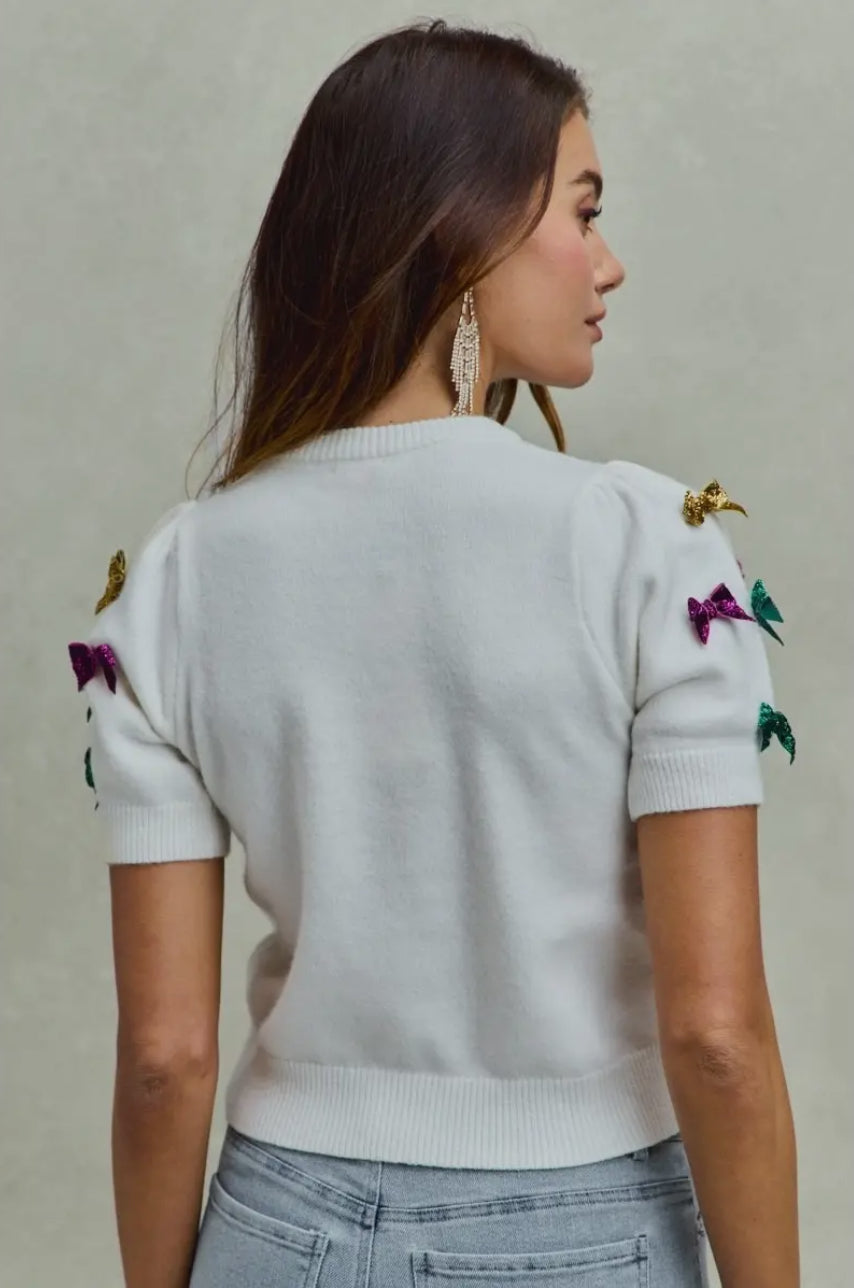 Mardi Gras Glitter Bow Puff Sleeve Top