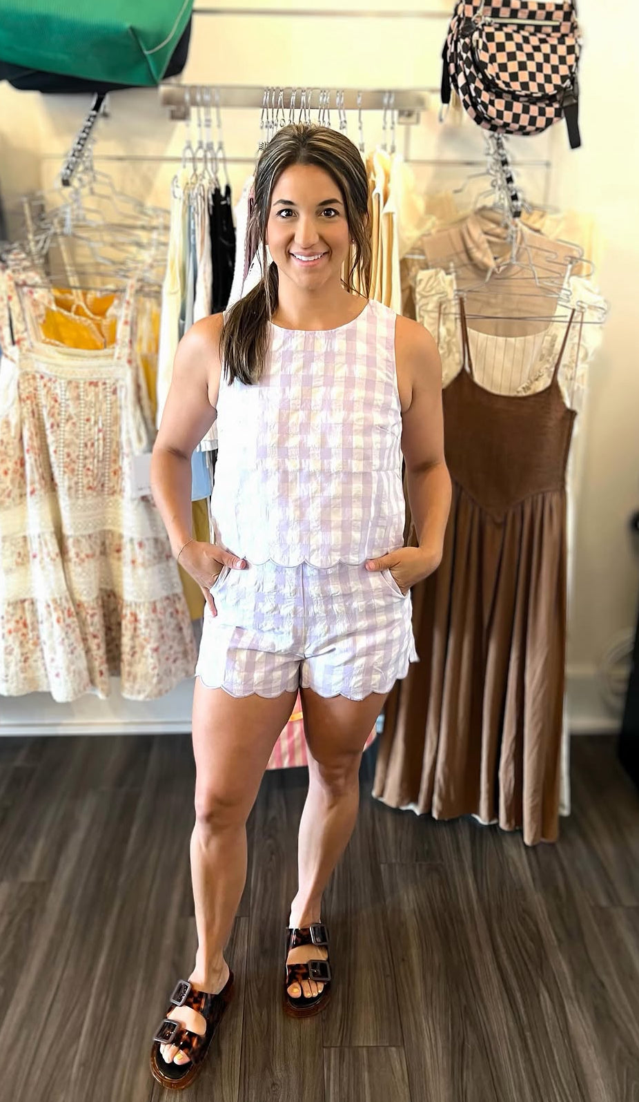 Day + Moon Women's Sleeveless Gingham Top & High-Waisted Gingham Shorts Set with Scallop Hem - Light Purple