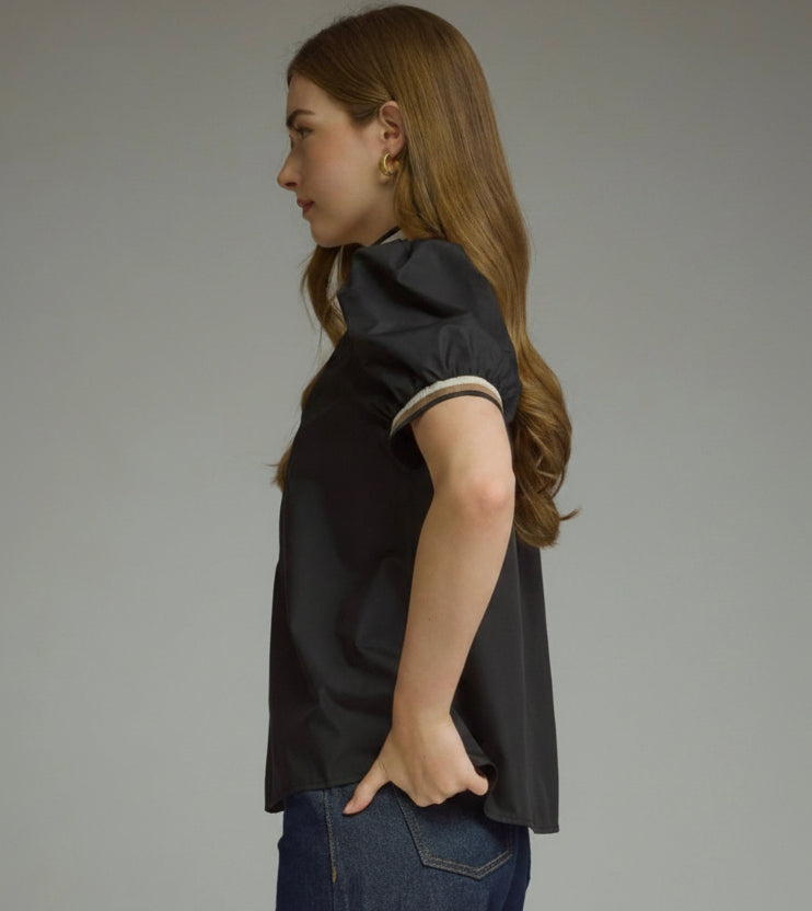 ENTRO | Black Contrast Trim Puff Sleeve Top