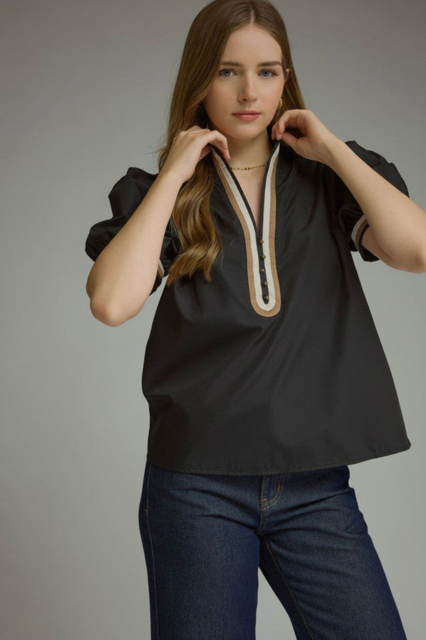 ENTRO | Black Contrast Trim Puff Sleeve Top