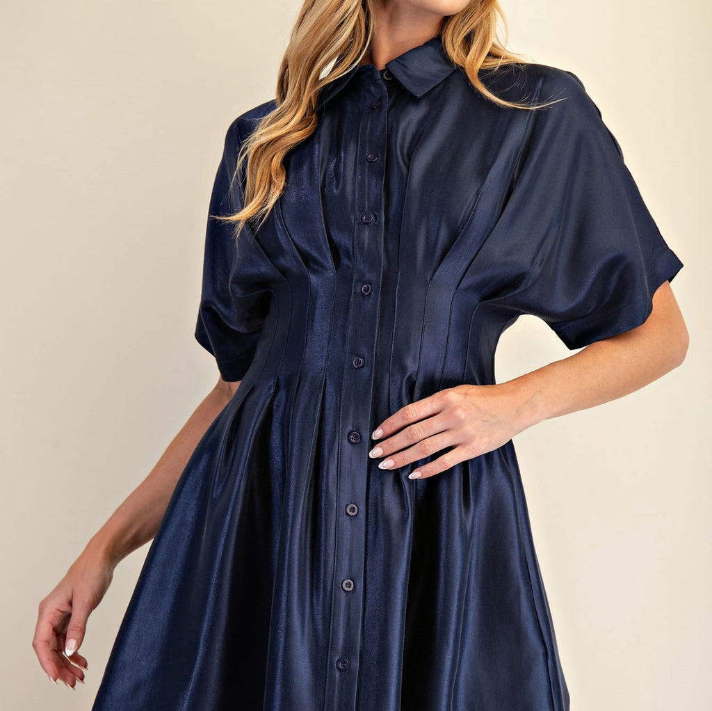 Glam Navy Button Down Pleated Mini Dress