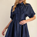 Glam Navy Button Down Pleated Mini Dress
