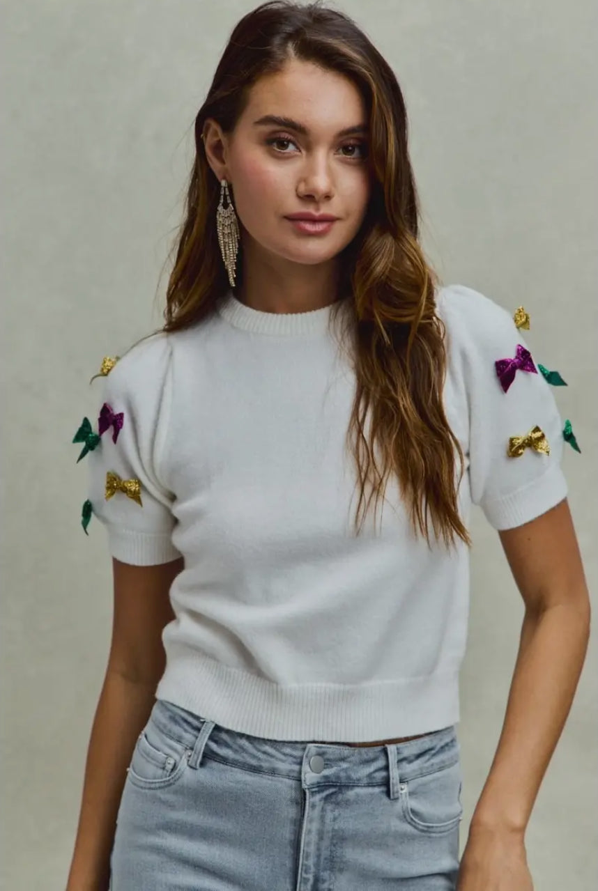 Mardi Gras Glitter Bow Puff Sleeve Top